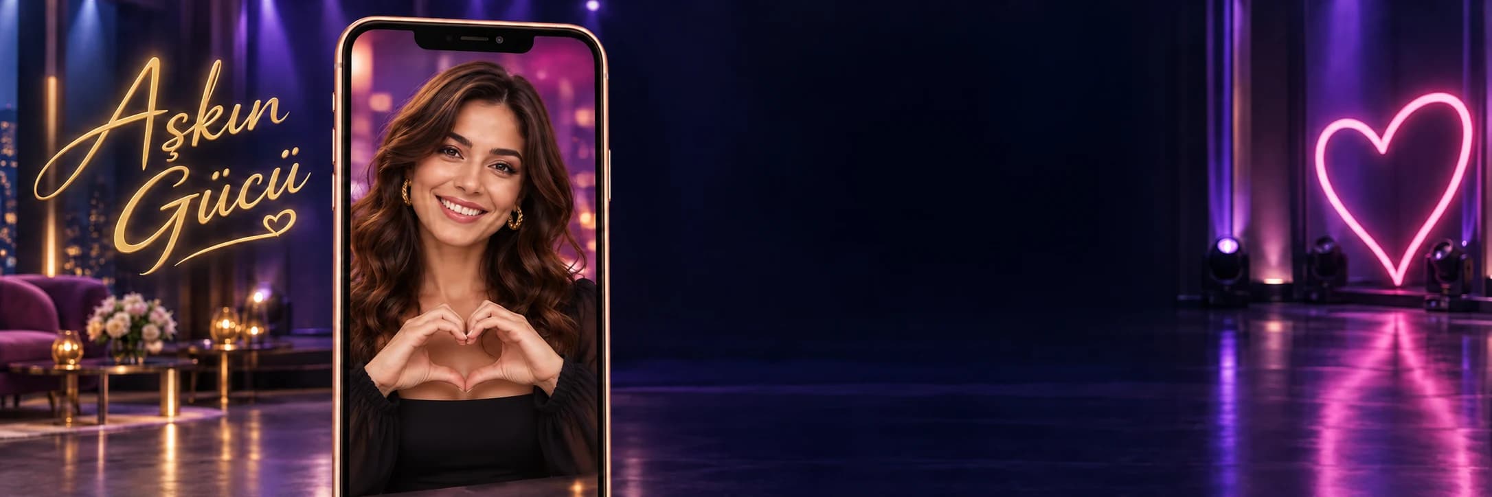 Aşkın Gücü campaign artwork with a fictional live host making a heart gesture