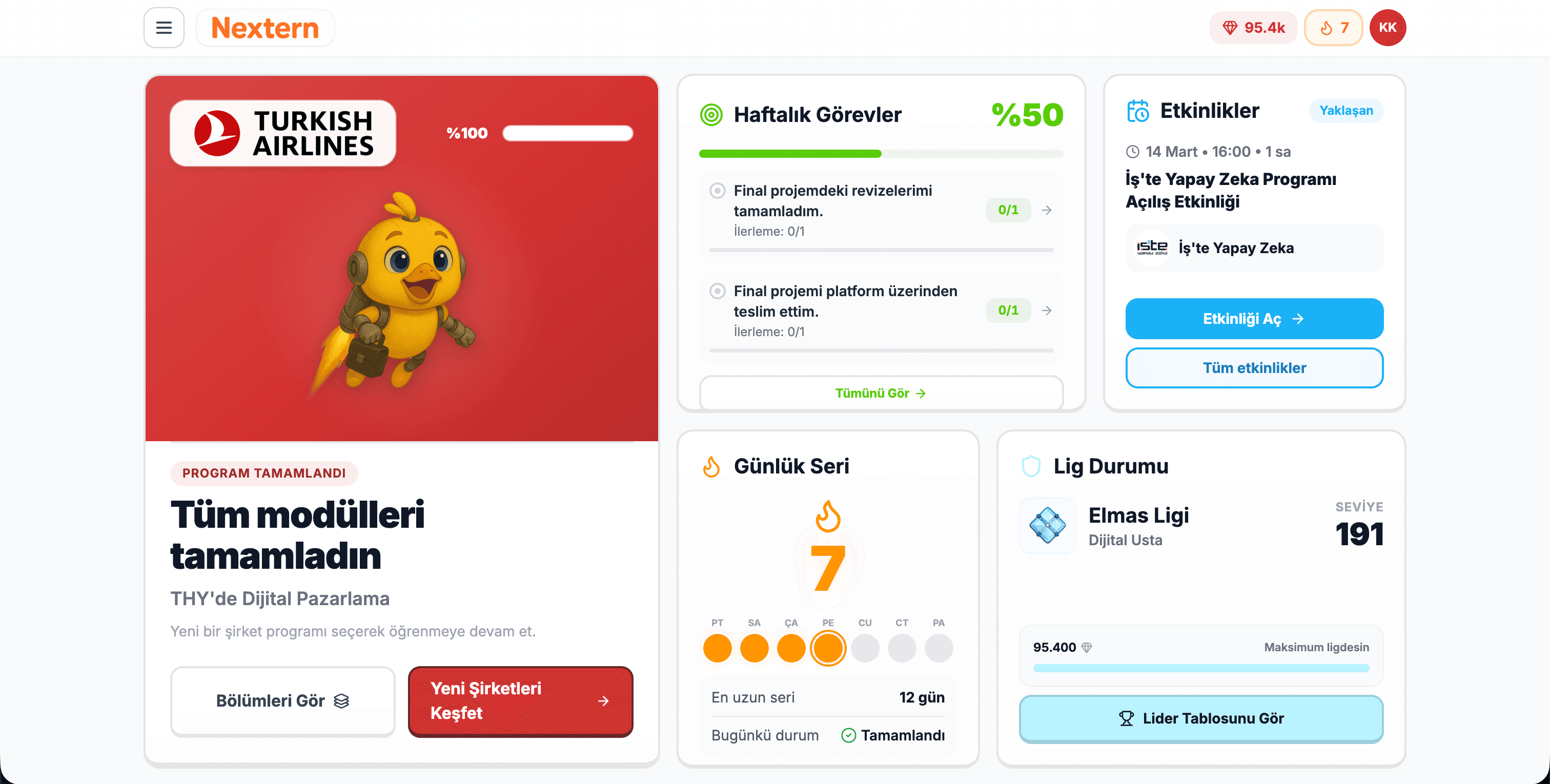 Nextern dashboard with company program progress and weekly tasks